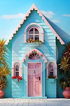 Blue and pink house with pink door and window. Generative AI
