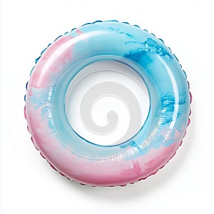 Blue and pink inflatable pool float in circular shape on white background