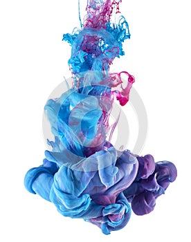 Blue and pink ink color drop underwater