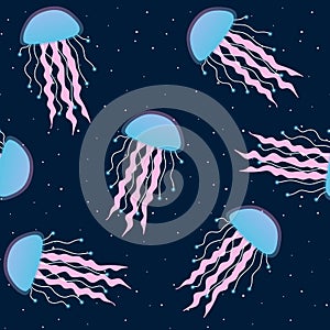 Blue and pink jellyfish on a dark blue background seamless pattern underwater sea medusa fluorescent srar vector