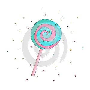 Blue and pink lollipop fun cartoon vector icon. Sweet lollypop cartooning illustration with decoration on white