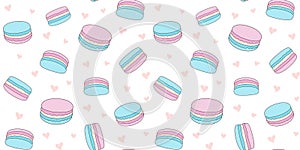 Seamless background with blue and pink macaroons and small hearts. French sweet pastries