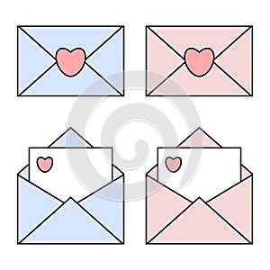 Blue and pink mail linear icons with heart seals. Open and closed envelopes. Valentine day concept