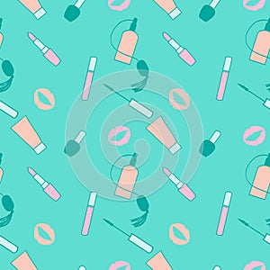 Blue and pink makeup seamless vector pattern for momen.