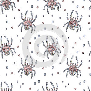 Blue and pink mosaic spiders on a white background. photo