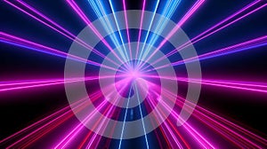 Blue and pink neon glow laser beam tunnel, high speed internet and digital concept abstract background. Generative AI