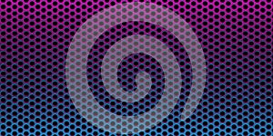 Blue and pink neon illuminated dark perforated metal grill texture, retro 80s cyberpunk abstract background