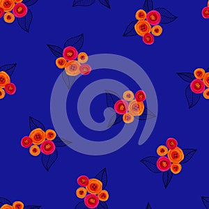 Blue pink orange floral pattern seamless. Bright hand painted flowers on royal blue background. Repeating modern Ditsy fashion