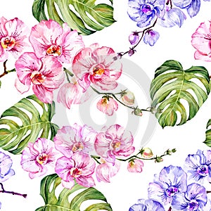 Blue and pink orchid flowers and monstera leaves on white background. Seamless floral pattern. Watercolor painting.