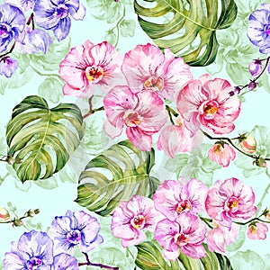 Blue and pink orchid flowers with outlines and large green monstera leaves on light blue background. Seamless pattern.