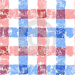 Blue and pink pastel colored checkered grunge gingham seamless pattern, vector