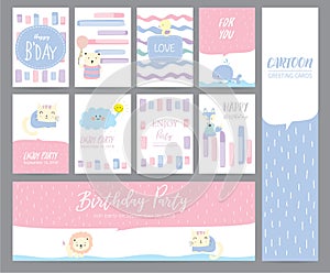 Blue pink pastel greeting card with cat,rabbit,duck,whale,fox,cat and cloud