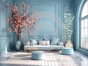 Blue and pink pastel living room interior with sofa, poufs, and cherry blossom trees in vases photo
