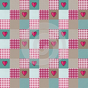 Blue and pink pattern patchwork heart valentine in retro style on white background. Vector seamless tribal pattern