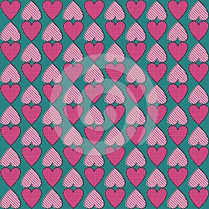 Blue and pink pattern patchwork heart valentine in retro style on white background. Vector seamless tribal pattern