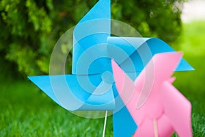 Blue and pink pinwheels close up outdoors