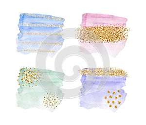 Blue, pink, purple and green brush stroke watercolor with gold glitter texture, confetti. Vector illustration.