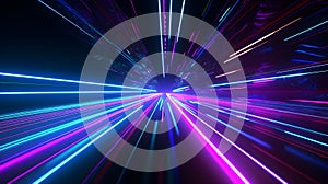 Blue pink and purple neon glow laser beam light lines moving fast,digital, high speed internet, cyberpunk, techonogy backdrop.