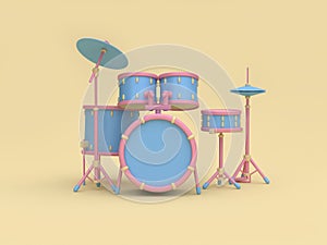 Blue-pink radio drum set cartoon style soft yellow minimal background 3d rendering