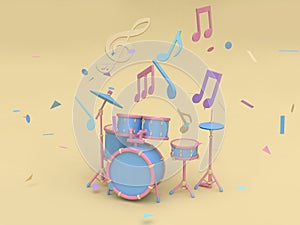 blue-pink radio drum set with many music note,key sol cartoon style soft yellow minimal background 3d render