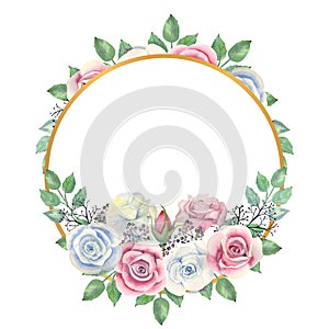 Blue and pink roses flowers, green leaves, berries in a gold round frame. Watercolor illustration