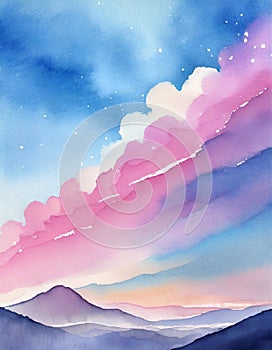 Blue and pink sky watercolor painting