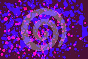 Blue and pink spots on a dark red background. Art image. Abstraction. Drops of paint