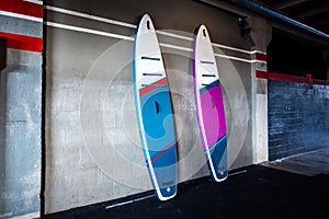 Blue and pink stand-up paddle boards SUP by the wall. Surfing and sup boarding equipment close up photo