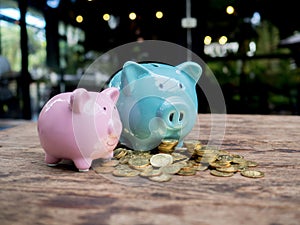Blue and pink two piggy bank with gold coins pile, Saving money for future investment plan and retirement fund concept