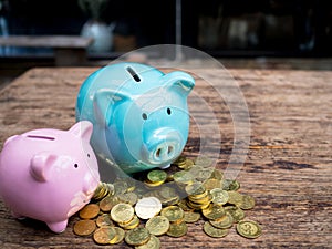 Blue and pink two piggy bank with gold coins pile, Saving money for future investment plan and retirement fund concept