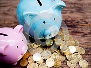 Blue and pink two piggy bank with gold coins pile, Saving money for future investment plan and retirement fund concept