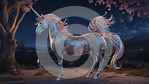 blue and pink unicorn, horse in the evening forest ai created