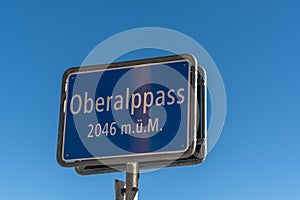 Blue place-name sign at the top of the Oberalp Pass, Switzerland