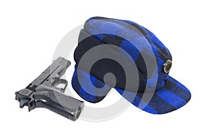 Blue plaid hunters Hat and gun