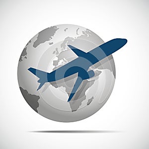 Blue plane flying around the grey globe