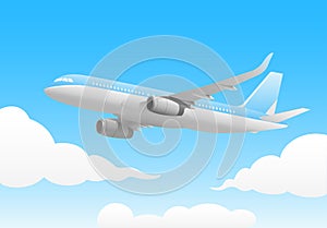 The blue plane is flying under the blue sky