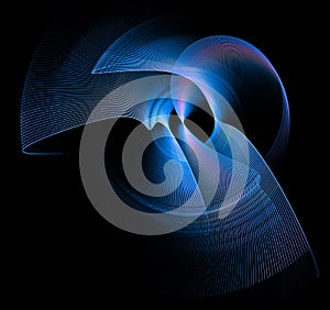 Blue planes bend beautifully in one direction against a black background. Abstract fractal background.