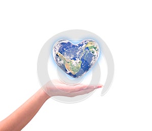 Blue planet in heart shape over woman human hands isolated