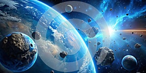 Blue Planet with Orbiting Asteroids in 4K