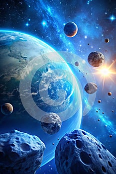 Blue Planet with Orbiting Asteroids in 4K