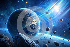 Blue Planet with Orbiting Asteroids in 4K