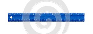 Blue plastic 12-inch ruler isolated on white with clipping path