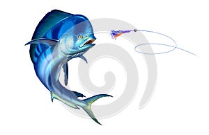 Blue plastic Ð¼ahi mahi or dolphin fish attacks bait sea swim squids skirt.