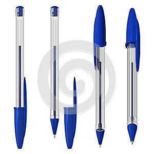 Blue plastic ballpoint pen with a cap, in a transparent hexagonal case, in several positions