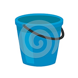 Blue plastic bucket with a black handle. Isolated white background. A bucketful for washing food, water and drink
