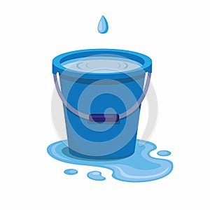 Blue plastic bucket filled water from trickle leaking water spilled on the floor, liquid container with handle isolated with white