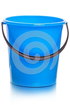 Blue plastic bucket on white