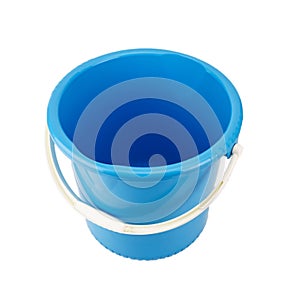 Blue plastic bucket with white handle isolated