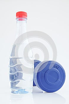 Blue plastic coated dumbells And Water Bottle