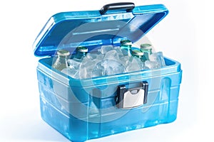 Blue plastic cool box with ice cubes and bottles of water on white background. Generative AI